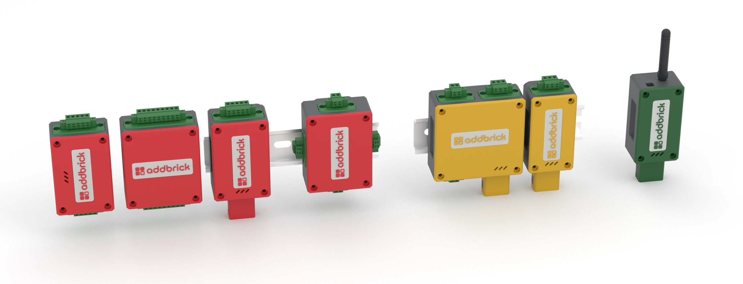 빨강 Power, 노랑 LED, 초록 Remote 커버의 AddBrick 산업용 모듈